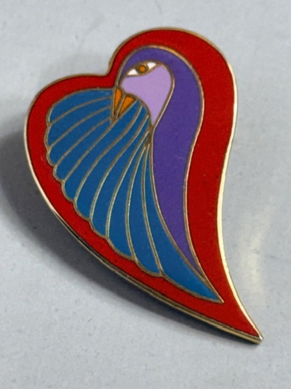Antique Costume Jewelry Brooch Dove Heart Laurel Burch Signed Bird Cloisonne Red